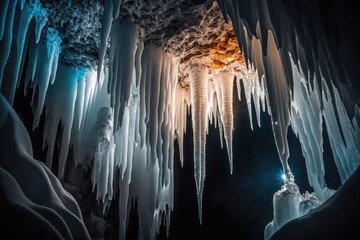 Canvas Print - close-up of icicles hanging from the ceiling of a frozen cave, illuminated by natural light., created with generative ai