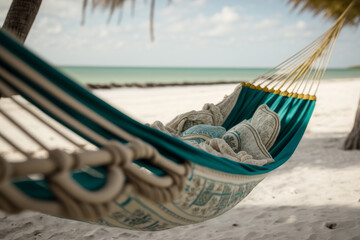 Wall Mural - An empty hammock on a beautiful tropical beach. Relaxing, calm summer vacation. Generative ai