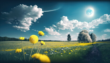 Wall Mural - Summer spring natural landscape, Beautiful meadow field with fresh grass and yellow dandelion flowers in nature against a blurry blue sky with clouds. by ai generative