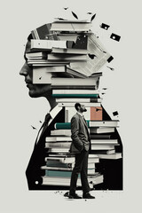 Knowledge and science man with books artistic graphic collage - Generative AI illustration