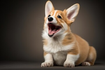 Poster - On a white background is a picture of a welsh corgi pembroke puppy being obedient and smiling with its tongue out. Generative AI