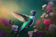 Creative Image Of A Hummingbird Bird Flying Among Flowers. Generative AI