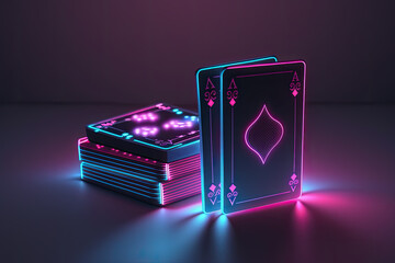 playing cards glow in pink and purple neon colors. Generative AI