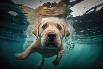 labrador puppy dives under water. Generative AI