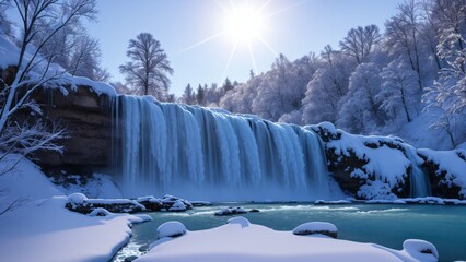 Wall Mural - beautiful snowy winter landscape with waterfalls, trees and sun. AI Generative