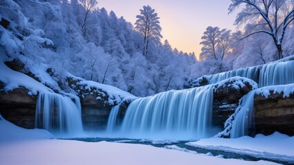 Wall Mural - beautiful snowy winter landscape with waterfalls, trees and sun. AI Generative