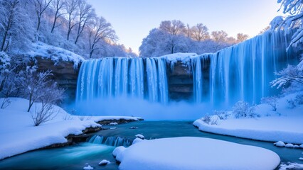 Wall Mural - beautiful snowy winter landscape with waterfalls, trees and sun. AI Generative