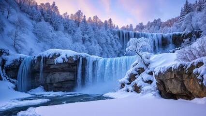 Wall Mural - beautiful snowy winter landscape with waterfalls, trees and sun. AI Generative