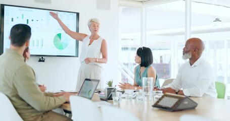 Wall Mural - Presentation, business people and finance meeting with chart on screen with statistics for data analysis with SEO and kpi research. Men and women with technology planning marketing and sales vision