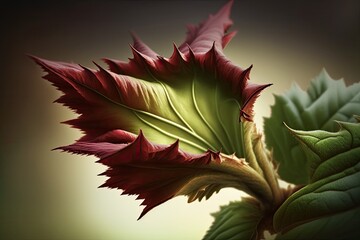 Poster - Selected focus closeup of a leaf from a Roselle fruit plant (Hibiscus sabdariffa) in full bloom. Generative AI