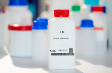 Sticker - FTl thallium monofluoride CAS 7789-27-7 chemical substance in white plastic laboratory packaging