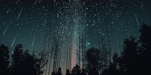 Abstract Time Lapse Night Sky With Shooting Stars Over Forest Landscape. Milky Way Glowing Lights Background.