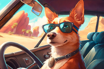 A dog sitting in the driver's seat of a car, wearing sunglasses and looking at the camera - illustration - Generative AI