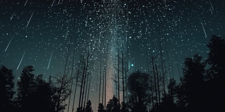 abstract time lapse night sky with shooting stars over forest landscape. milky way glowing lights ba