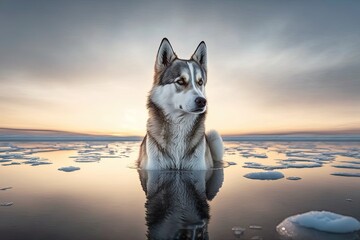 Canvas Print - An exquisite Siberian husky, frozen in time, posing on an ice floe in the Okhotsk Sea. A husky dog, representing freedom and wisdom, sits on the snow and gazes off into the distance. Generative AI