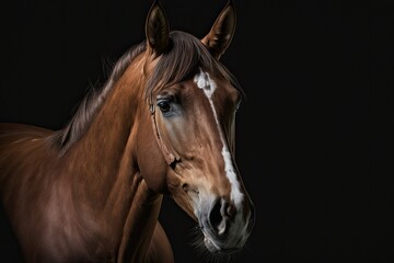 A frontal portrait of a brown horse with a white spot on its face, made in studio light on a black background. Generative AI