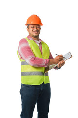 Wall Mural - Portrait of a handsome chief engineer wearing a hard hat. wearing a reflective tiger Taking notes. transparent background,png file.