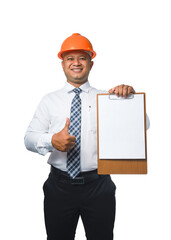 Wall Mural - Young engineer or architect presenting work with clipboard and smiling happy .copy space transparent background,png file.