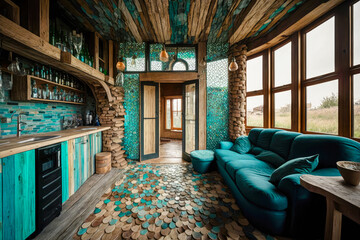 Wall Mural - A home designed entirely out of recycled materials, featuring a living room with walls made of old glass bottles and a kitchen floor made of reclaimed wood - Generative AI