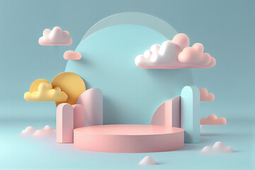 3d pastel colour pink blue yellow podium with clouds background. product promotion step pedestal. dr
