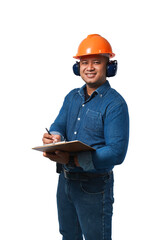 Wall Mural - The young engineer wears a helmet and earmuffs, and wears a long-sleeved shirt and trousers. Standing on the clipboard, taking notes and smiling happily. transparent background,png file.