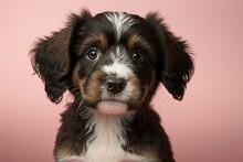 Puppy At A Fair Looking At The Camera While Standing Against A Pink Backdrop. Generative AI