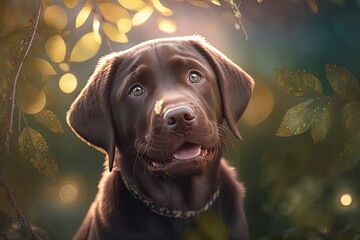 Sticker - Cute brown Labrador retriever puppy with a happy smile against a background of leaves and bokeh light at sunset. Adorable portrait of a person's head with space to add text. 2018 is the Chinese year o