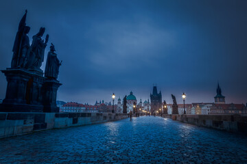 Wall Mural - Charles Bridge, Prague at dramatic evening, Czech Republic, with night lighting