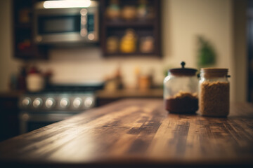 Wall Mural - Kitchen wooden table top with blur background. Created with Generative AI Technology