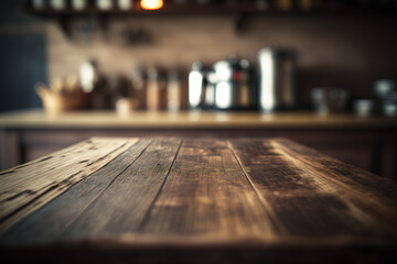 Wall Mural - Kitchen wooden table top with blur background. Created with Generative AI Technology