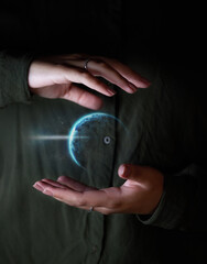 Leinwandbilder - Hand, world and hologram overlay with a user of ai or 3d technology accessing the metaverse for global networking. Globe, software and holographic with a person using a ux interface or dashboard