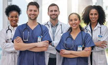 Portrait, Nurses And Doctors At Hospital Proud, Empowered And Excited About Medical Collaboration. Face, Healthcare And Health Expert Team United For Innovation, Teamwork And Support At A Clinic