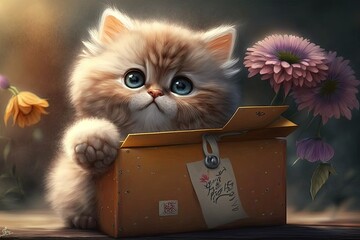 Poster - The cat is cute and fluffy and is holding a letter. Cute, funny, and sweet kitten with big eyes in a box with a flower in its paws. A colored picture of a pet. I'm sorry, 8 March, but congrats