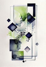 Watercolor Painting Green Black Design Abstract Geometry Volumetric Shapes Muted Color Blues Gelatin Silver Process Soft Vignette Various Interconnected, Generative Ai