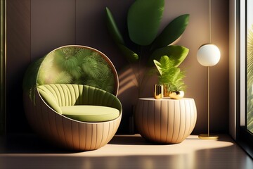 Wooden round side table with green tropical plant leaf and beautiful sun light and shadow on beige wall for luxury beauty, organic, health, cosmetic, jewelry fashion product display background