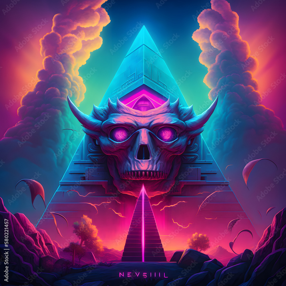 abstract synthwave background with pyramids, demon pyramid at sunset ...