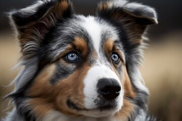 Poster - An Aussie Siberian, a cross between an Australian Shepherd and a Siberian Husky, shown from the head. Generative AI