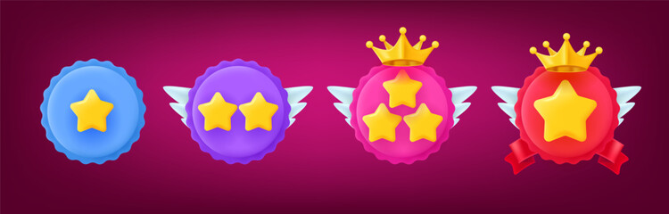Aufkleber - Different rank emblems with stars. Game achievement badges collection. 3d vector clipart