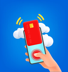Poster - Man using credit card for payment via smartphone. 3d vector illustration 