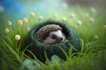 Sticker - Close up of a hedgehog in the grass, curled into a ball and lying on its side. Animal out in nature. forest animals. A needlework picture of a hedgehog. Small mammals. Cute hedgehog in green grass