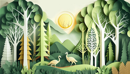 Wall Mural - Ecology environment concept.  Paper art. Generated AI