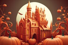 Illustration Of A Princess Castle And Pumpkins In An Orange Halloween Background. Generative AI