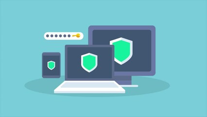 Wall Mural - cyber security antivirus software data protection laptop, desktop, mobile multiple devices from spyw