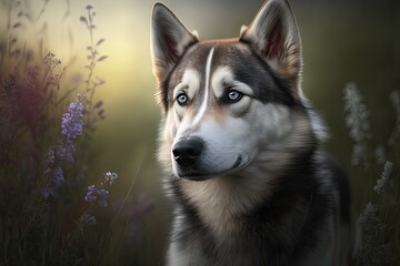 Wall Mural - Outdoor portrait of a lovely Husky Labrador mix. Generative AI