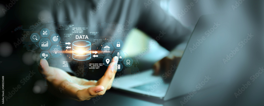 Database management cloud computing or data center cyber security file document transfer or business administrator analysis to growth and service information technology system concepts.