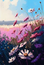 Painting Field Flowers Next Ocean Pink Blue Daisies Afternoon Light Blossoming Rhythm Restrained Red Purple Strong Sunlight Icon April, Generative Ai
