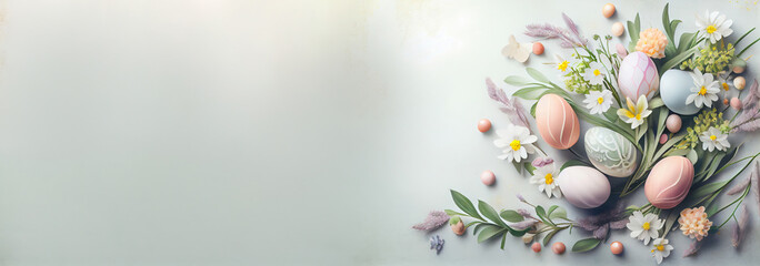 Easter background with copy space. Eggs, flowers, pastel colors illustration top view generative AI, generative, ai