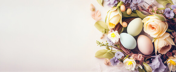 Easter background with copy space. Eggs, flowers, pastel colors illustration top view generative AI, generative, ai