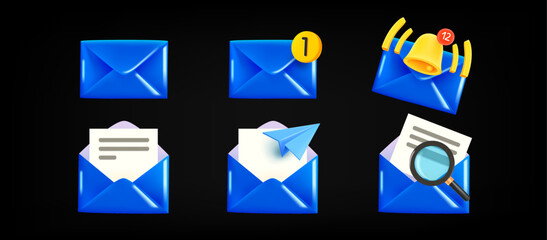 Poster - Different blue envelopes opened and closed. 3d vector clipart isolated on black background