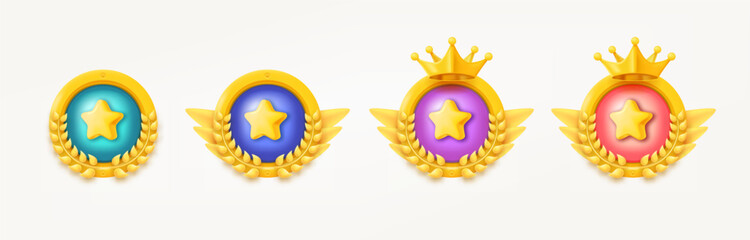 Aufkleber - Different game rank emblems with stars and wreaths. Game achievement badges collection. 3d vector clipart isolated on white background